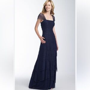 JS Collections Elegant Navy Tiered One Shoulder Gown